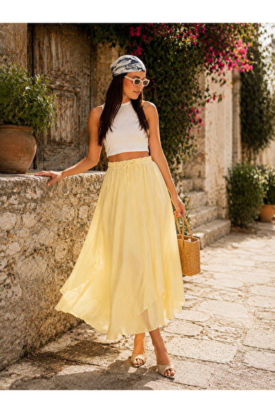 solena sln Women's Elastic Waist Layered Long Chiffon Skirt Lightly Textured ...