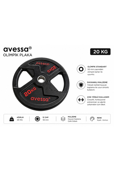 AVESSA Olimpik Plaka 20 KG - 50 MM - Olimpik Standart - Dayanıklı Kauçuk Kaplama