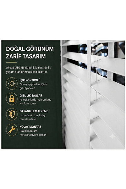 PERDEMANİA %100 Gerçek Ahşap Beyaz Renk Jaluzi Perde 50 mm Kurdelalı Zincirli...