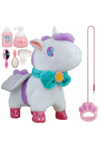Stator Unicorn de pluș interactiv pe lesă, care merge și mișcă capul și coada.