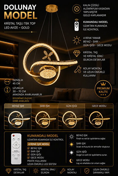 mubeda aydınlatma Dolunay Model Kristal Taşlı Tek Toplu Gold LED Avize - 4 Re...