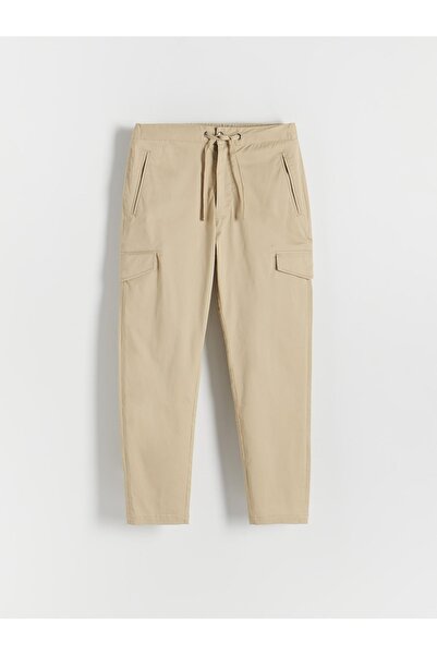NO BRAND Pantaloni conici din bumbac bej, cu picioare lungi și talie cu șnur,...