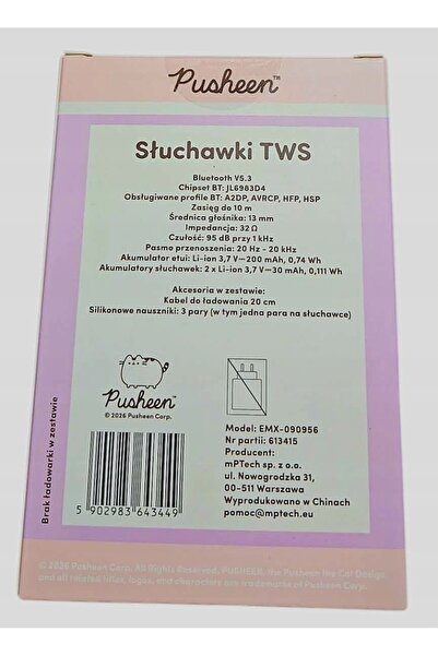 NO BRAND Căști wireless Pusheen TWS Bluetooth 5.3 cu carcasă - roz