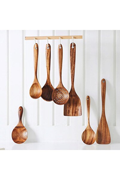 NO BRAND Ustensile de bucătărie, Set de spatule din lemn, 7 piese, Lemn de tec