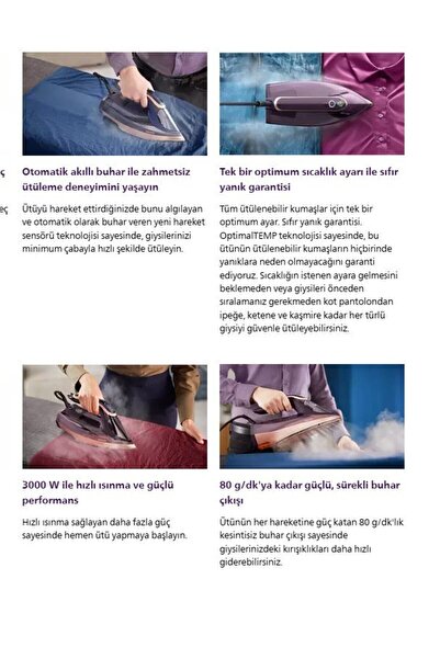 Philips Kumaşa Göre Isı ayarlayan Azur 8000 Serisi Buharlı Ütü OptimalTEMP Teknolojisi ile 3000W 260g Şok Buhar•Dikey buhar fonksiyonu + Şarjlı Hav%Yün Temizleyici Hediye(Onerous)