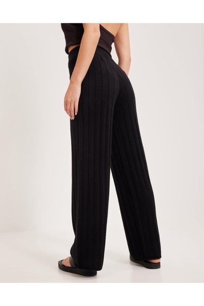 NO BRAND Pantaloni tricotați negri, simpli, texturati, cu talie înaltă, m