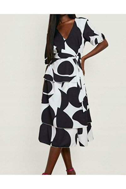 NO BRAND Rochie midi cu volane, alb-negru, mânecă scurtă, decolteu în V, Booh...