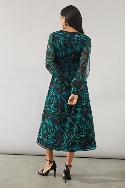 NO BRAND Rochie clasică negru-verde cu mâneci lungi și decupaje, lungime midi...