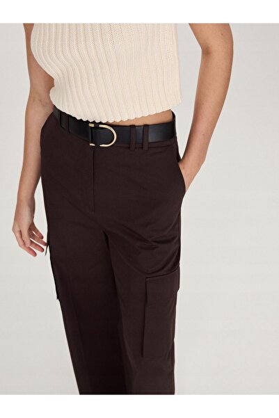 NO BRAND Pantaloni lungi și largi din bumbac, maro închis, cu curea neagră, m...