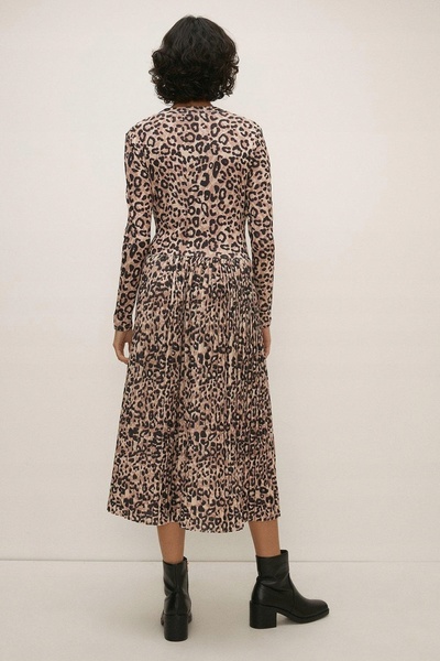 NO BRAND Rochie midi maro cu mâneci lungi, imprimeu animal, încrețită, Oasis L