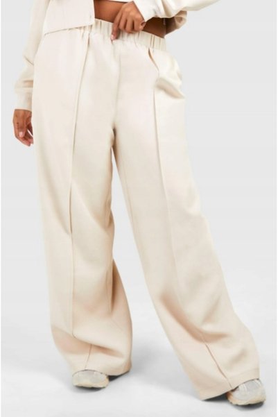 NO BRAND Pantaloni clasici bej, croială largă dreaptă, talie elastică, boohoo 52