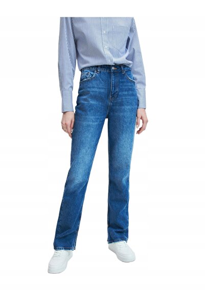 NO BRAND Pantaloni din denim albaștri, croială lungă, buzunare cu fermoar, Re...