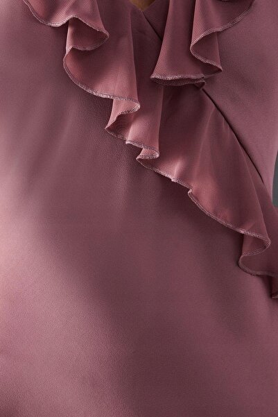 NO BRAND Rochie midi clasică din satin cu volane, roz murdar, depozit 36