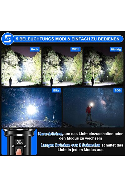 NO BRAND Lanternă LED tactică USB puternică cu zoom, impermeabilă, cu afișaj
