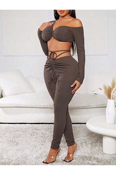 NO BRAND Set cu top asimetric bronzat cu dungi și pantaloni cu șnur Shein 36