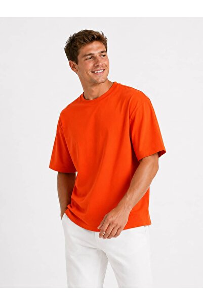Vasto Moda Erkek Oversize Kalın Dokulu %100 Organik Pamuk Bisiklet Ribana Yakalı Turuncu T-Shirt