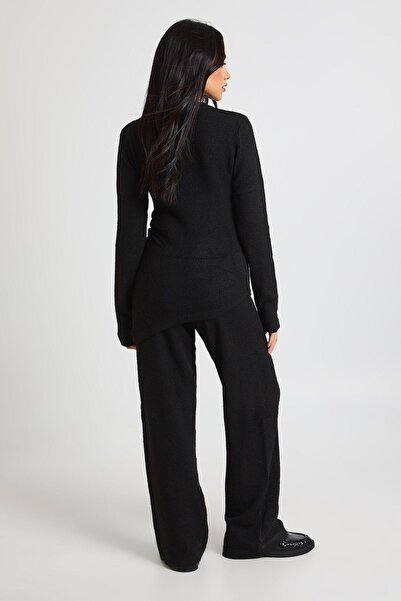 NO BRAND Set negru tricotat, pulover asimetric, pantaloni lungi, Boohoo m