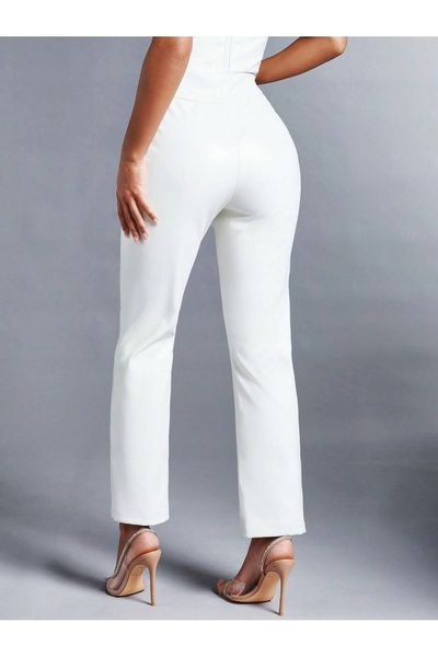 NO BRAND Pantaloni simpli, eleganți, cu talie înaltă, din piele ecologică, cu...