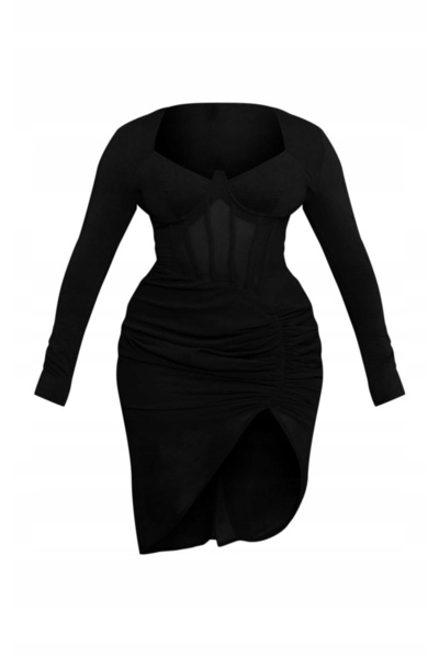 NO BRAND Rochie midi asimetrică neagră cu mânecă lungă, tip corset, Prettylit...