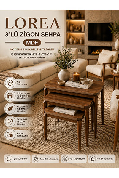 Concept Ayz Home Lorea Premium 3'lü Zigon Sehpa – MDF Üst Tabla, Modern Minim...