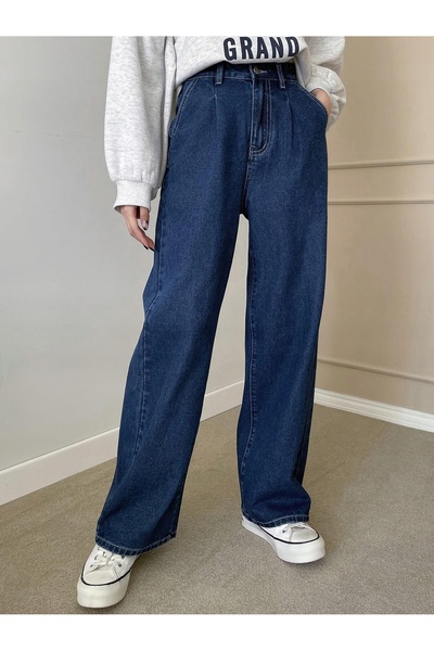 NO BRAND Blugi bleumarin, lungi, cu croială dreaptă, talie înaltă, Dazy XL