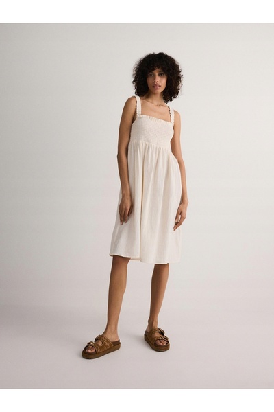 NO BRAND Rochie mini bej din muselină cu bretele, din bumbac, mărimea M