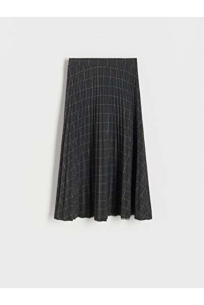 NO BRAND Fustă midi plisată tricotată gri cu model în carouri albe, Reserve XS