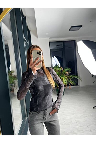 Siyah Desenli Ekstra Body Astarlı Tül Bluz