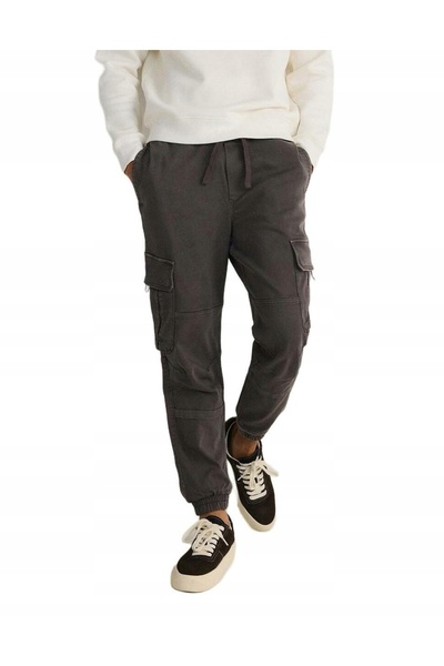 NO BRAND Pantaloni jogger din bumbac gri, cu buzunare cargo, manșete elastice...