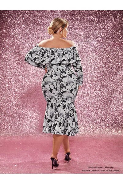 NO BRAND Rochie midi mulată alb-negru cu imprimeu spaniol, mărimi mari, Shein 46