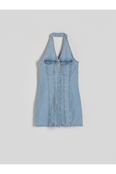 NO BRAND Rochie mini din blugi de bumbac, albastră, asortată, cu nasturi, L.