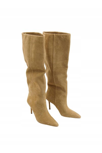 NO BRAND Botine Stivitz bej cu toc stiletto, din piele întoarsă, tip slip-on,...