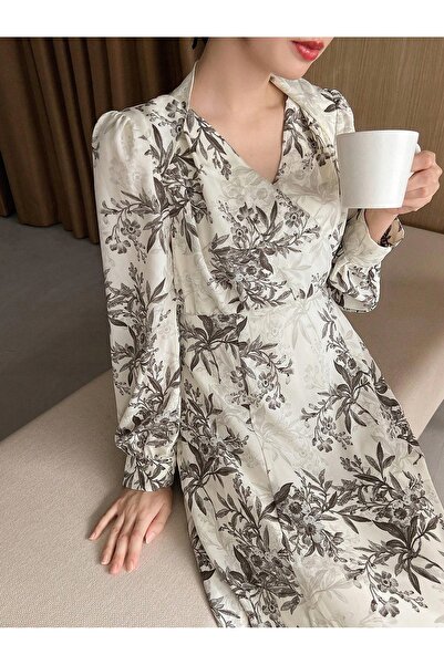 NO BRAND Rochie maxi clasică bej impecabilă cu imprimeu floral, cu fermoar, S...