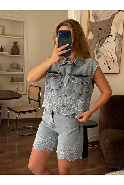 SOLİS MODA Kadın fisto nakış işlemeli denim şort ve yelek takım