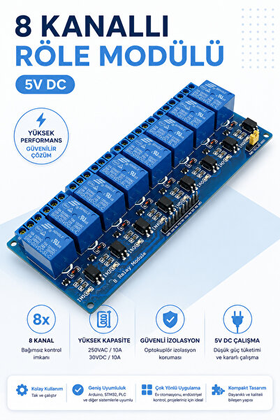RoboPazar 8 Kanallı 5V Röle Modülü – Arduino, ESP32 ve Raspberry Pi Uyumlu