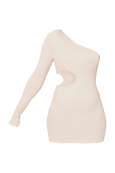 NO BRAND Prettylittlething Rochie mini ecru cu decolteu asimetric și decupaje...