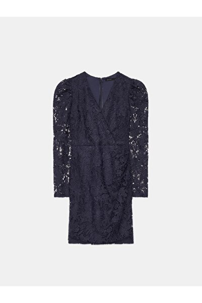NO BRAND Rochie mini din dantelă bleumarin cu mânecă lungă, clasică, simplă, ...