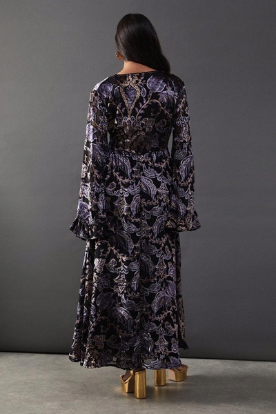 NO BRAND Rochie maxi neagră din catifea multicoloră, cu mânecă lungă, Warehou...