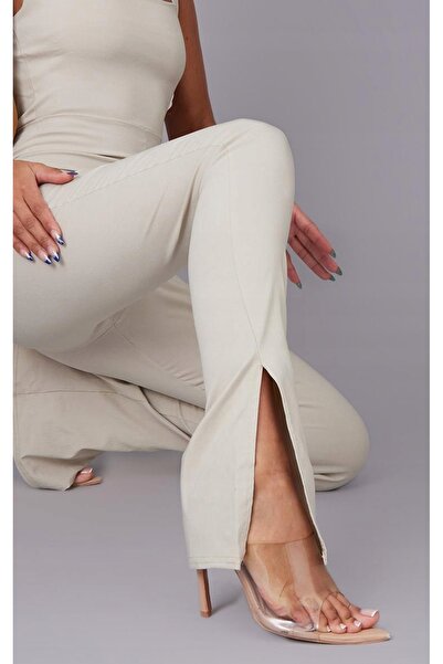 NO BRAND Prettylittlething Salopetă bej cu crăpătură la picior lung 38