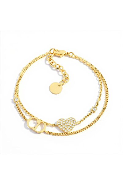 NO BRAND Brățară cu inimă de cristal, cu lanț dublu, placată cu aur de 18K, l...