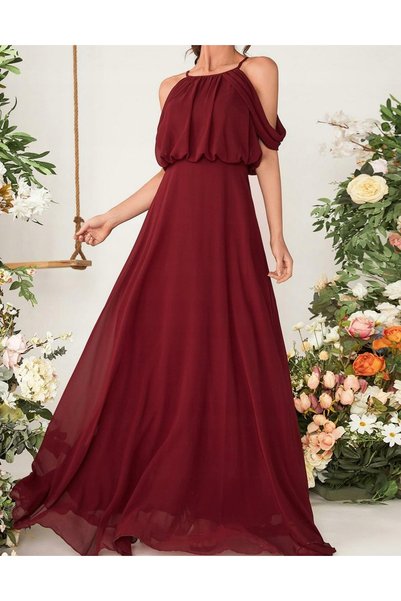 NO BRAND Rochie lungă elegantă, clasică, impecabilă, tip evazată, bordo, Shein S