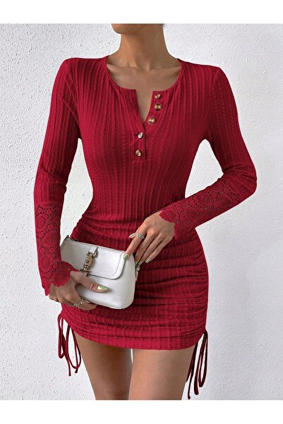 NO BRAND Rochie mini roșie slim fit, textură elegantă, mânecă lungă, Shein 36