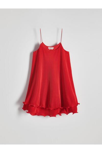 NO BRAND Rochie mini roșie elegantă, plisată, cu bretele, simplă, mărimea XL