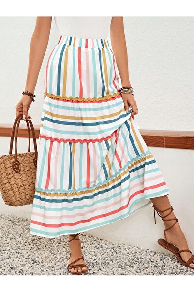 NO BRAND Fustă maxi clasică simplă, cu dungi colorate, talie înaltă, Shein m