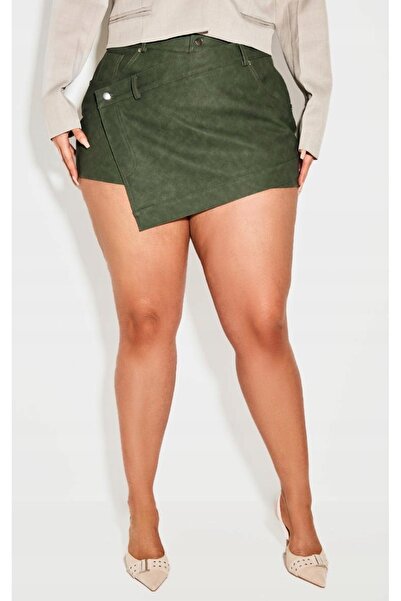 NO BRAND Fustă-pantaloni verde din imitație de piele, asimetrică, Prettylittl...