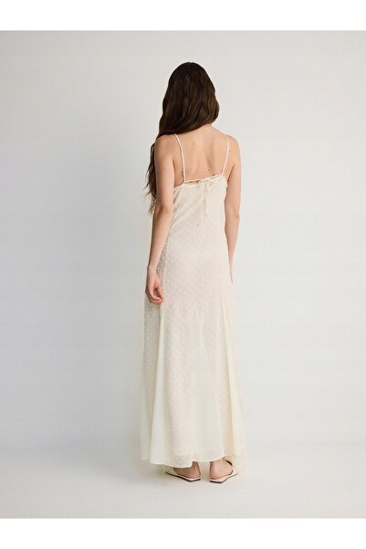NO BRAND Rochie Maxi Simplă Clasic Ecru cu Bretele Texturată L