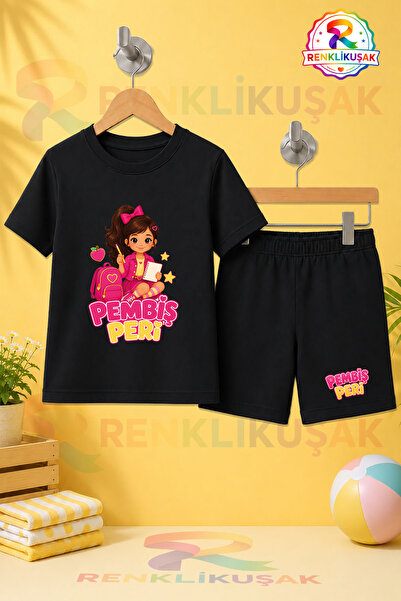 RENKLİKUŞAK Unisex Çocuk Pembiş Peri Okul Çantalı Baskılı Bisiklet Yaka Tişör...