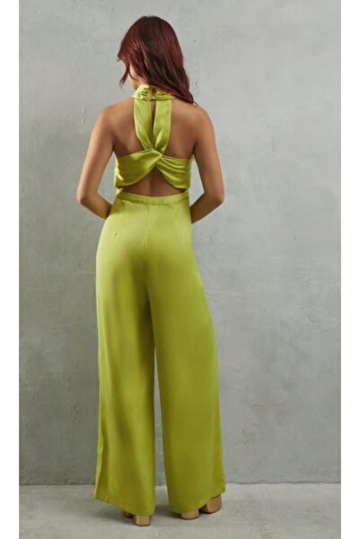 NO BRAND Salopetă verde din satin, cu picior larg și drept, lungă, Warehouse 38