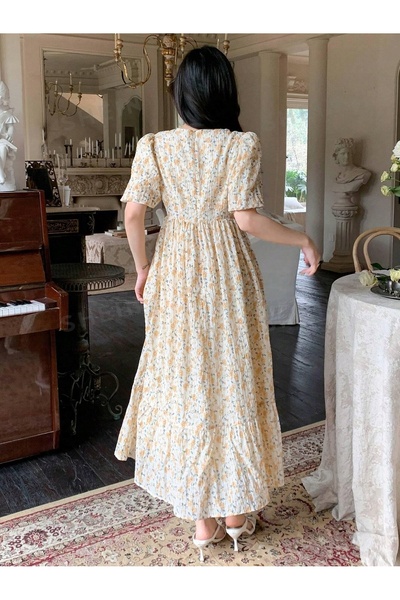 NO BRAND Rochie maxi bej, cu mâneci scurte evazate, imprimeu floral boho, She...