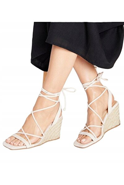 NO BRAND Espadrile bej cu platformă și barete din imitație de piele întoarsă ...